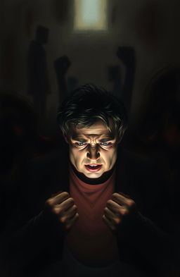 A dramatic scene depicting a person in a moment of intense emotional turmoil, surrounded by shadows that symbolize their inner conflict