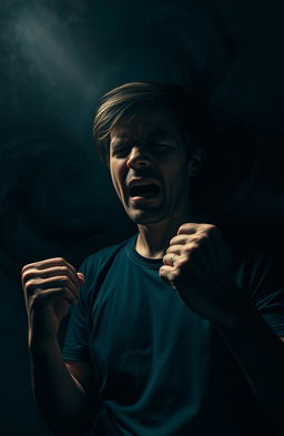 A dramatic scene depicting a person in a moment of intense emotional turmoil, surrounded by shadows that symbolize their inner conflict