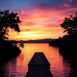 A breathtaking view of a tranquil sunset over a calm lake, with vibrant colors reflecting on the water