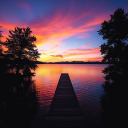 A breathtaking view of a tranquil sunset over a calm lake, with vibrant colors reflecting on the water