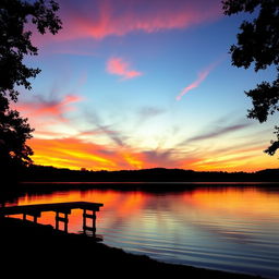 A breathtaking view of a tranquil sunset over a calm lake, with vibrant colors reflecting on the water