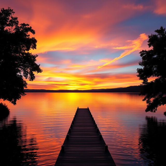 A breathtaking view of a tranquil sunset over a calm lake, with vibrant colors reflecting on the water