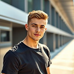 A young man, age 21, with short hair, no moustache, and a confident expression