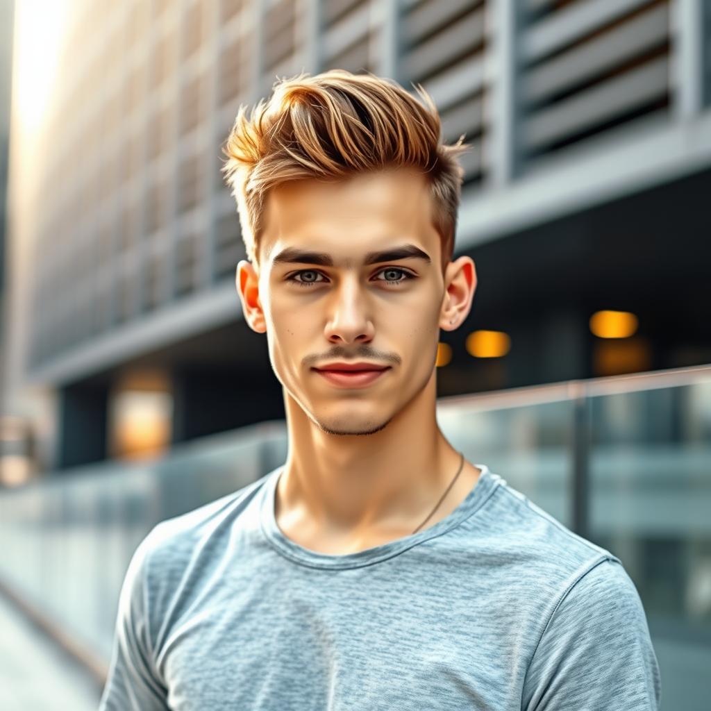 A young man, age 21, with short hair, no moustache, and a confident expression