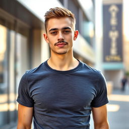 A young man, age 21, with short hair, no moustache, and a confident expression