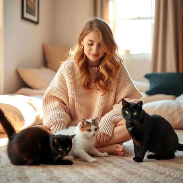 A young woman sitting on the floor with two playful cats around her