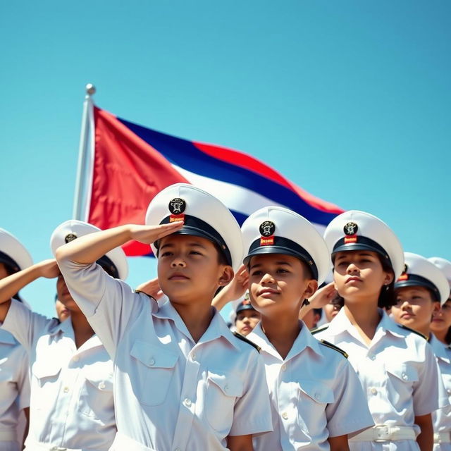 A group of young students dressed in military-style white uniforms, standing in formation as they salute the Cuban flag