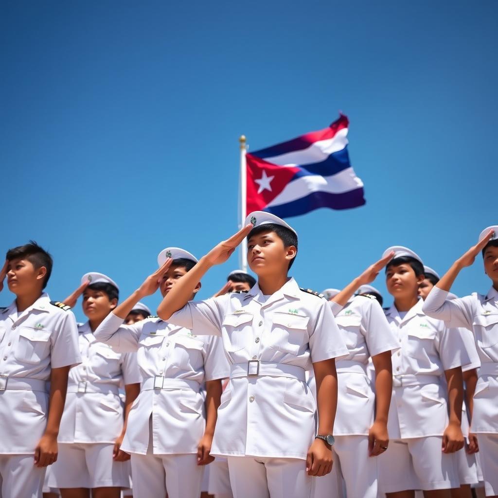 A group of young students dressed in military-style white uniforms, standing in formation as they salute the Cuban flag