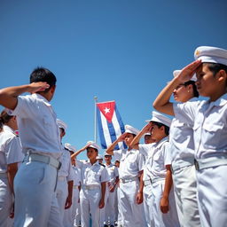 A group of young students dressed in military-style white uniforms, standing in formation as they salute the Cuban flag