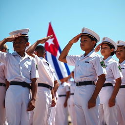 A group of young students dressed in military-style white uniforms, standing in formation as they salute the Cuban flag