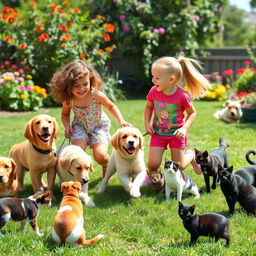 Two girls playing in a sunny yard surrounded by four dogs and four cats