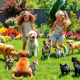 Two girls playing in a sunny yard surrounded by four dogs and four cats