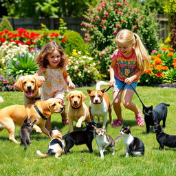 Two girls playing in a sunny yard surrounded by four dogs and four cats