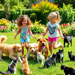 Two girls playing in a sunny yard surrounded by four dogs and four cats