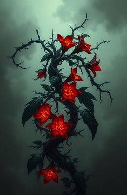 A dark romance theme illustrated through a twisted, eerie plant with sharp thorns, featuring fiery flowers that emit a sense of silent rage