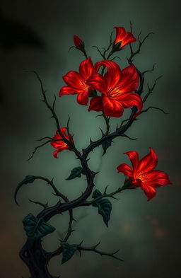 A dark romance theme illustrated through a twisted, eerie plant with sharp thorns, featuring fiery flowers that emit a sense of silent rage