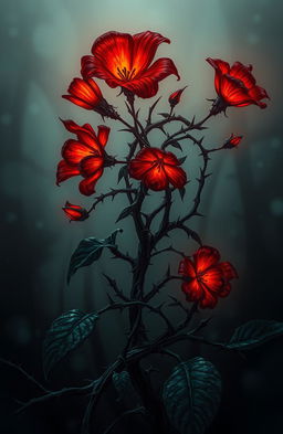 A dark romance theme illustrated through a twisted, eerie plant with sharp thorns, featuring fiery flowers that emit a sense of silent rage