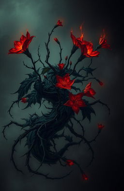A dark romance theme illustrated through a twisted, eerie plant with sharp thorns, featuring fiery flowers that emit a sense of silent rage