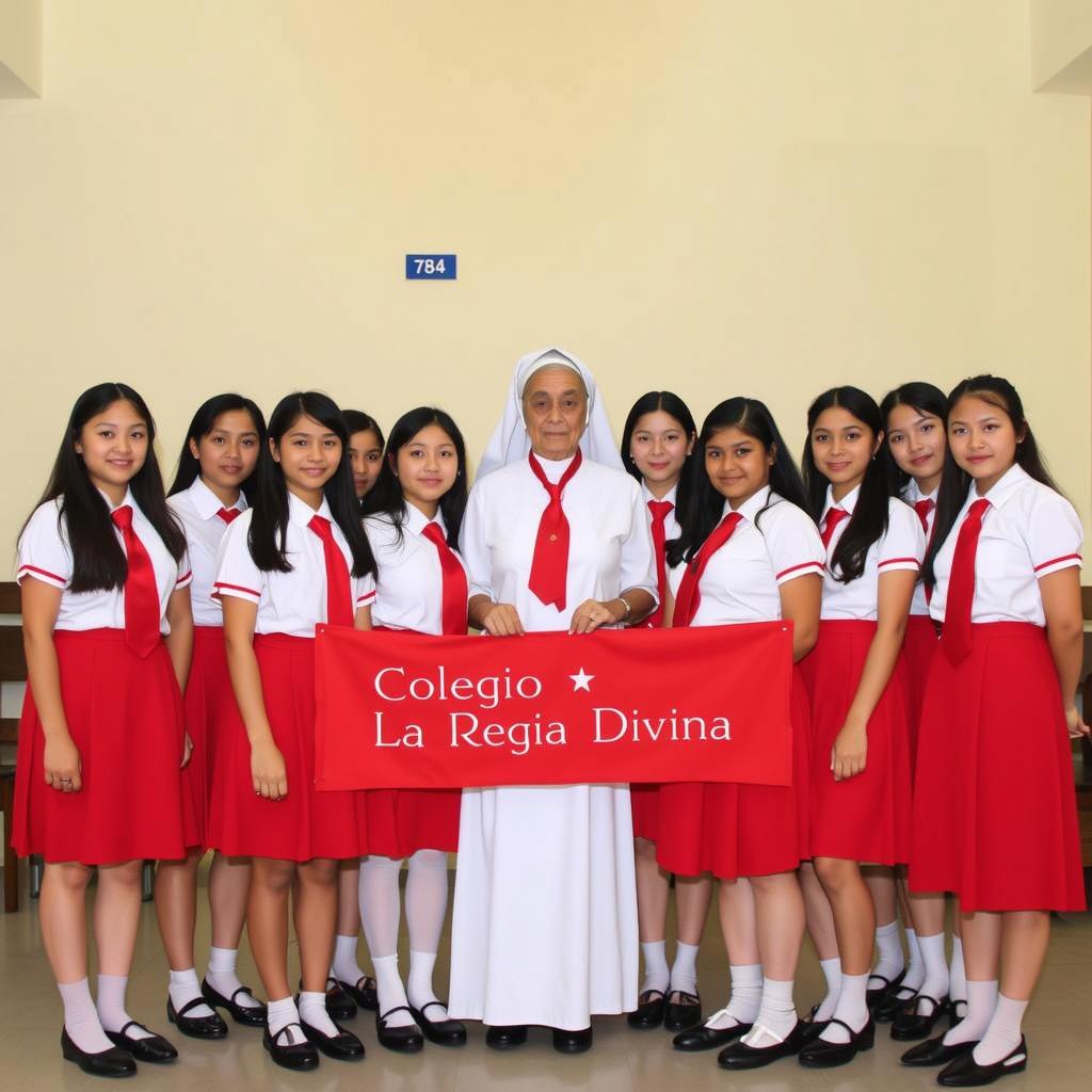 A group of adolescent girls in short red skirts and short-sleeved white shirts, wearing red ties, standing proudly in a classroom setting