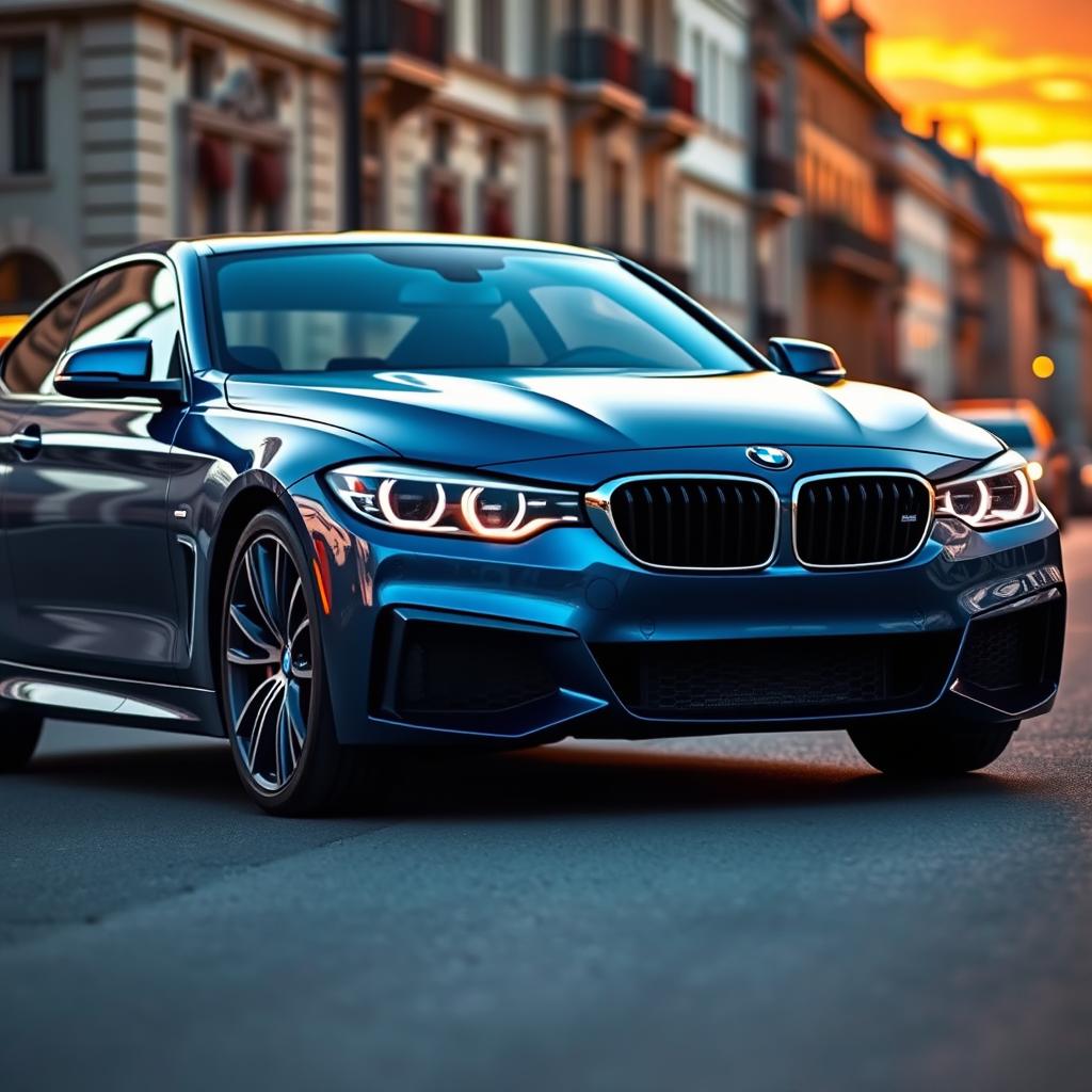 A sleek, modern BMW car parked elegantly on a city street at sunset