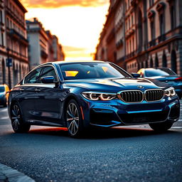 A sleek, modern BMW car parked elegantly on a city street at sunset