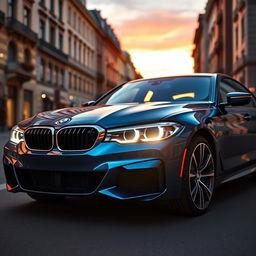 A sleek, modern BMW car parked elegantly on a city street at sunset