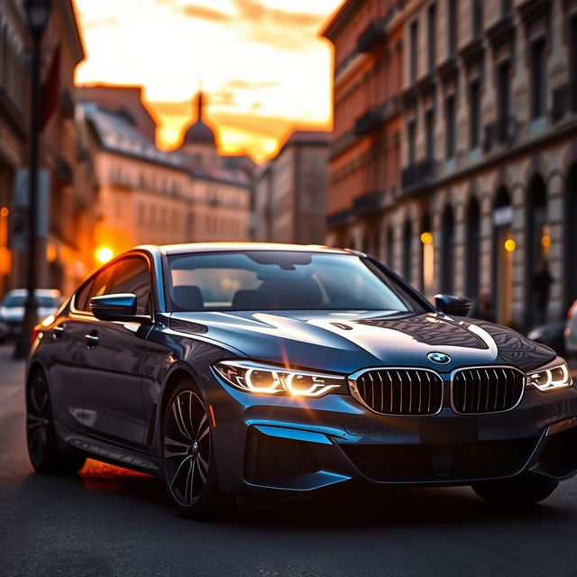 A sleek, modern BMW car parked elegantly on a city street at sunset