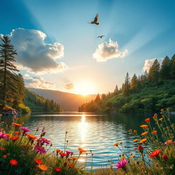A stunning natural landscape featuring a serene lake surrounded by lush green hills, tall pine trees, and vibrant wildflowers in bloom