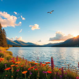 A stunning natural landscape featuring a serene lake surrounded by lush green hills, tall pine trees, and vibrant wildflowers in bloom