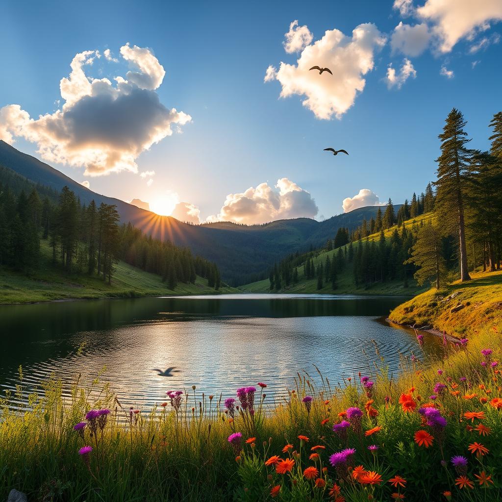 A stunning natural landscape featuring a serene lake surrounded by lush green hills, tall pine trees, and vibrant wildflowers in bloom