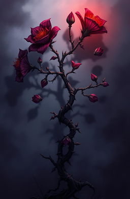 A dark romance-themed illustration featuring a twisted plant with sharp thorns and vibrant, fiery flowers