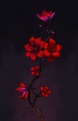 A dark romance-themed illustration featuring a twisted plant with sharp thorns and vibrant, fiery flowers