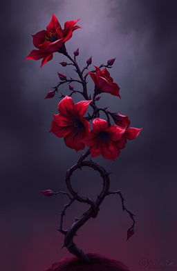 A dark romance-themed illustration featuring a twisted plant with sharp thorns and vibrant, fiery flowers