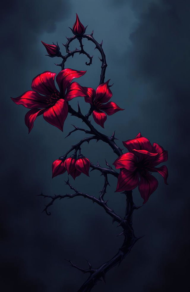 A dark romance-themed illustration featuring a twisted plant with sharp thorns and vibrant, fiery flowers