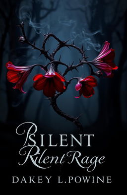 A captivating dark romance book cover featuring a twisted plant with sharp thorns, adorned with fierce and fiery flowers in vibrant reds and deep purples, symbolizing silent rage