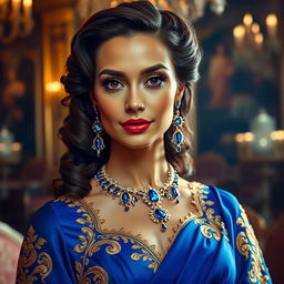 A regal woman with an elegant presence, wearing a luxurious royal blue gown adorned with intricate golden embroidery and jewelry encrusted with sparkling blue gemstones