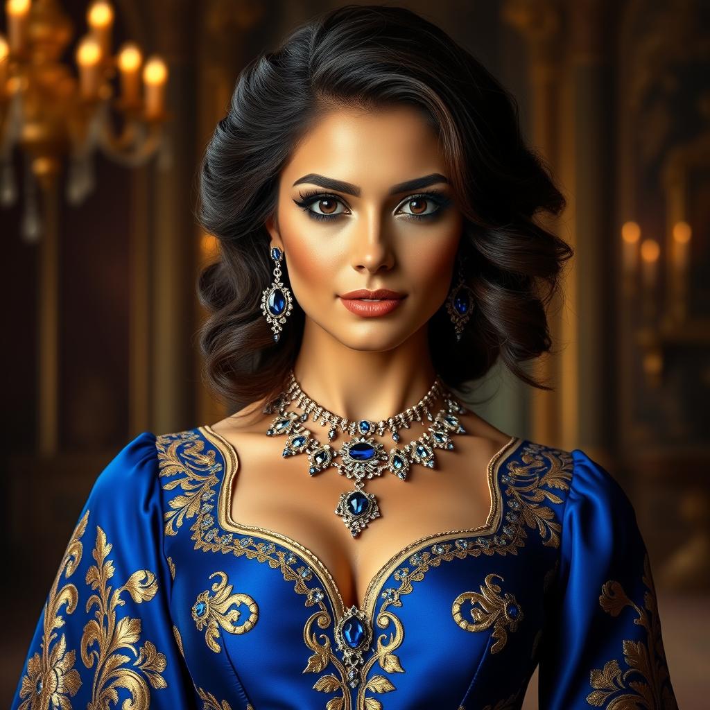 A regal woman with an elegant presence, wearing a luxurious royal blue gown adorned with intricate golden embroidery and jewelry encrusted with sparkling blue gemstones