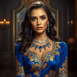 A regal woman with an elegant presence, wearing a luxurious royal blue gown adorned with intricate golden embroidery and jewelry encrusted with sparkling blue gemstones