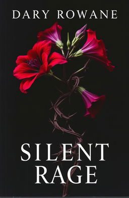 A dark romance book cover featuring a twisted plant with sharp thorns and vibrant, fiery flowers in deep crimson and dark purple hues, symbolizing silent rage
