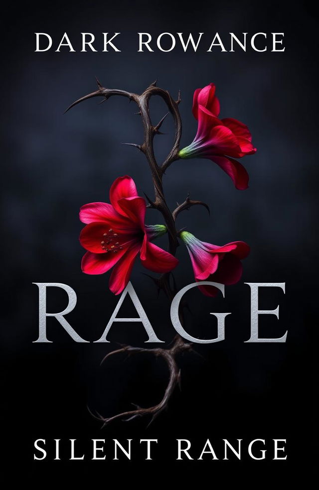 A dark romance book cover featuring a twisted plant with sharp thorns and vibrant, fiery flowers in deep crimson and dark purple hues, symbolizing silent rage