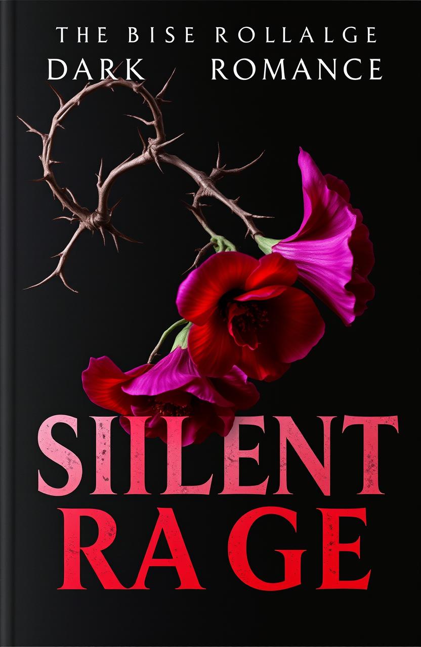 A dark romance book cover featuring a twisted plant with sharp thorns and vibrant, fiery flowers in deep crimson and dark purple hues, symbolizing silent rage