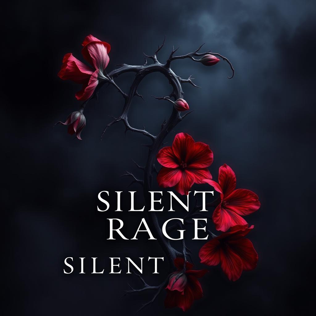 A dark romance book cover featuring a twisted plant with sharp thorns and fiery flowers in shades of deep red and dark violet, symbolizing silent rage