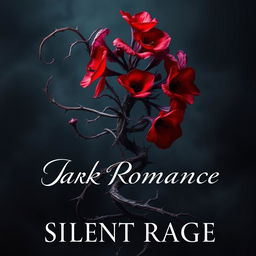 A dark romance book cover featuring a twisted plant with sharp thorns and vibrant, fiery flowers in rich shades of blood red and deep purple, symbolizing silent rage