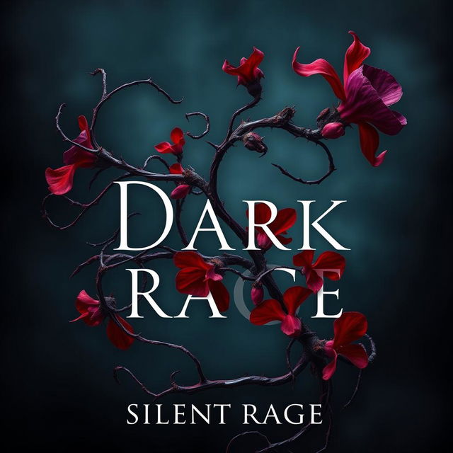 A dark romance book cover featuring a twisted plant with sharp thorns and vibrant, fiery flowers in rich shades of blood red and deep purple, symbolizing silent rage