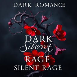 A dark romance book cover featuring a twisted plant with sharp thorns and vibrant, fiery flowers in rich shades of blood red and deep purple, symbolizing silent rage