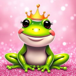 A cute frog with a big smile and tiny eyelashes, wearing a crown on its head