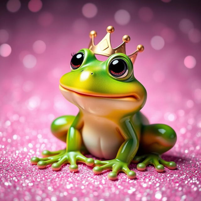 A cute frog with a big smile and tiny eyelashes, wearing a crown on its head