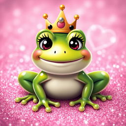 A cute frog with a big smile and tiny eyelashes, wearing a crown on its head