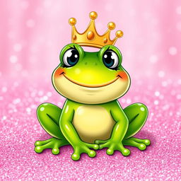 A cute frog with a big smile and tiny eyelashes, wearing a crown on its head