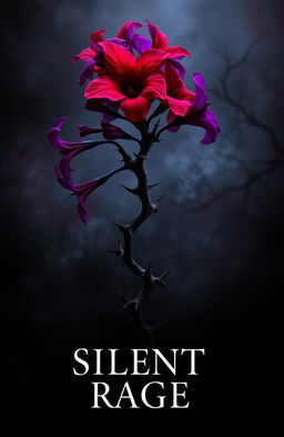 A dark romance book cover featuring a twisted plant with sharp thorns, adorned with fiery flowers in deep crimson and vibrant purple hues, symbolizing silent rage